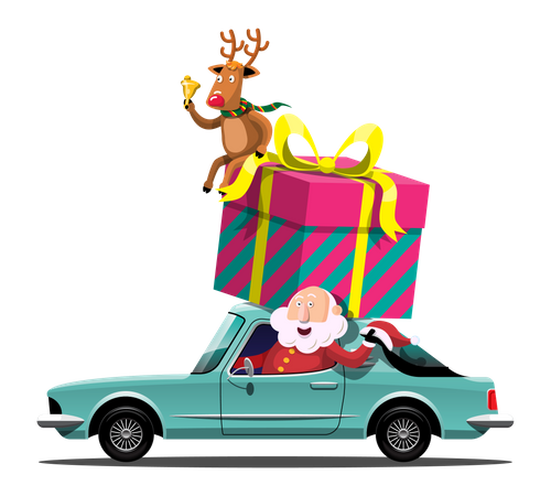 Papá Noel y renos conducen un coche para entregar regalos de Navidad  Ilustración