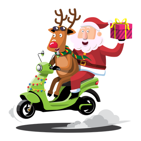 Papá Noel y renos conducen una motocicleta para repartir regalos de Navidad  Ilustración