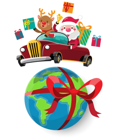 Papá Noel y renos conducen un automóvil para enviar regalos de Navidad a niños de todo el mundo  Ilustración