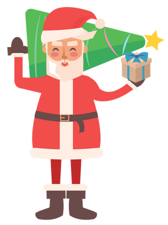 Santa Clause holding Christmas tree and Gift box  Illustration