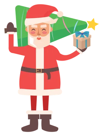 Santa Clause holding Christmas tree and Gift box  Illustration