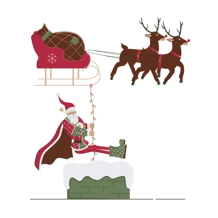 Santa coming out of house chimney  Illustration