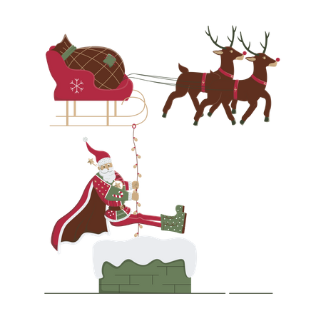 Santa coming out of house chimney  Illustration