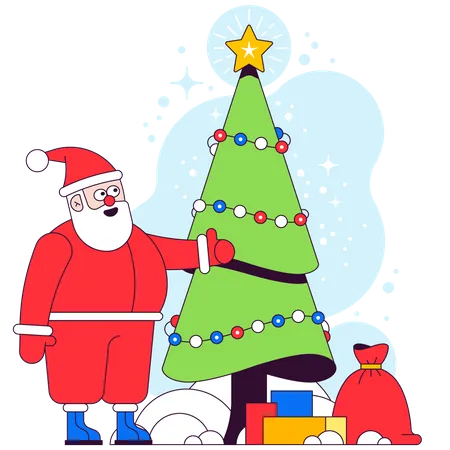 Santa con árbol de Navidad y regalos.  Ilustración