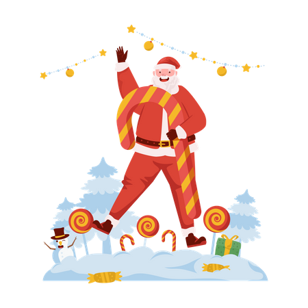 Santa con bastón de caramelo  Ilustración