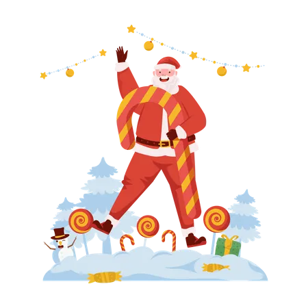 Santa con bastón de caramelo  Ilustración