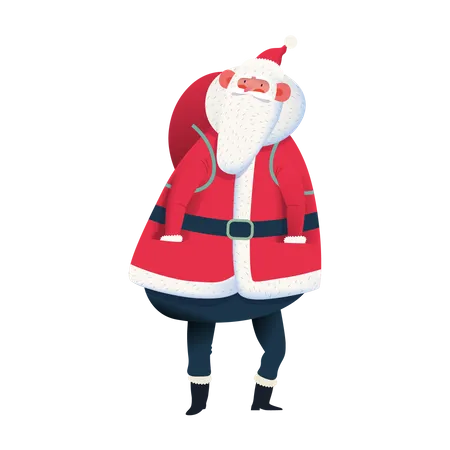 Sporting Santa De Pie Moderno Concepto De Vector Plano Ilustracion Del Alegre Santa Claus Vestido De Rojo De Pie Con Una Bolsa De Regalo Invierno Navidad Ano Nuevo Ilustración