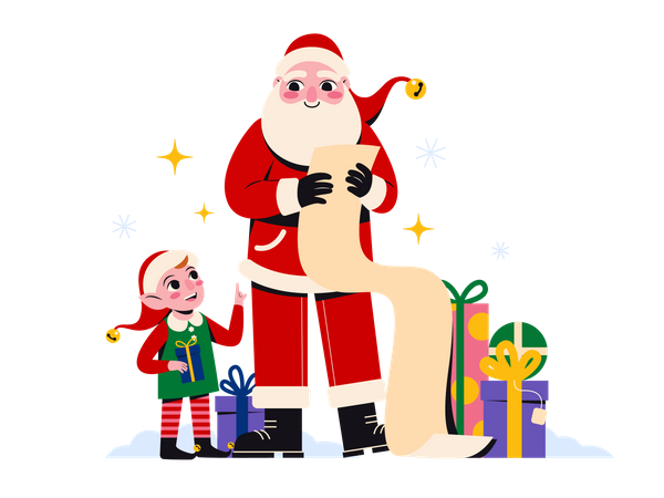 Santa con lista de regalos  Ilustración