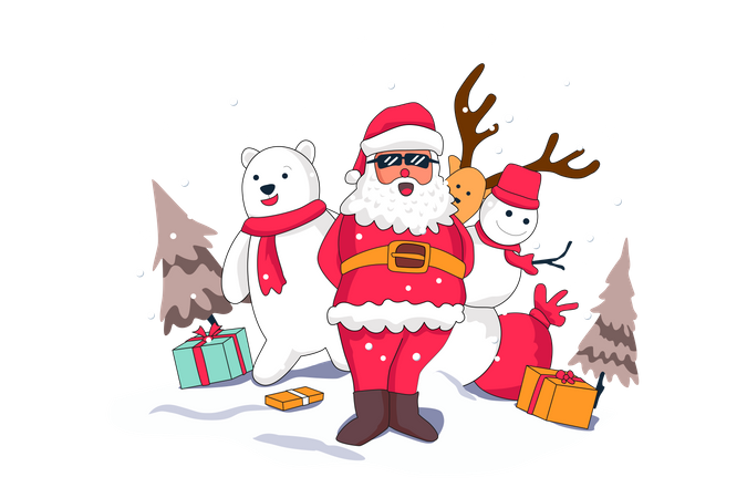 Papá Noel con oso y muñeco de nieve.  Ilustración