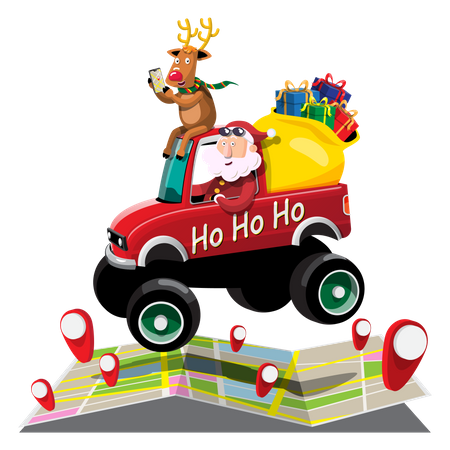 Papá Noel conduciendo un coche para entregar regalos.  Ilustración