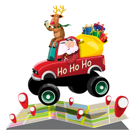 Papá Noel conduciendo un coche para entregar regalos.  Ilustración