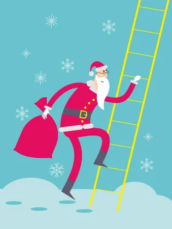 Flat Cartoon Vector Illustration Of A Jolly Character Santa Claus Climbs Up The Stairs And Holds A Bag With Gifts In Hand Illustration