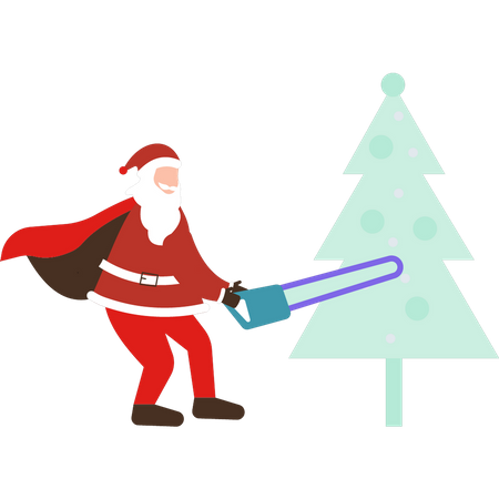 Santa cutting Christmas tree  Illustration