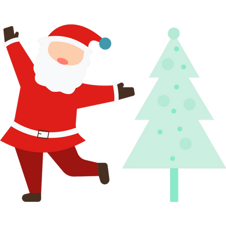 Santa dancing near the Christmas tree  일러스트레이션