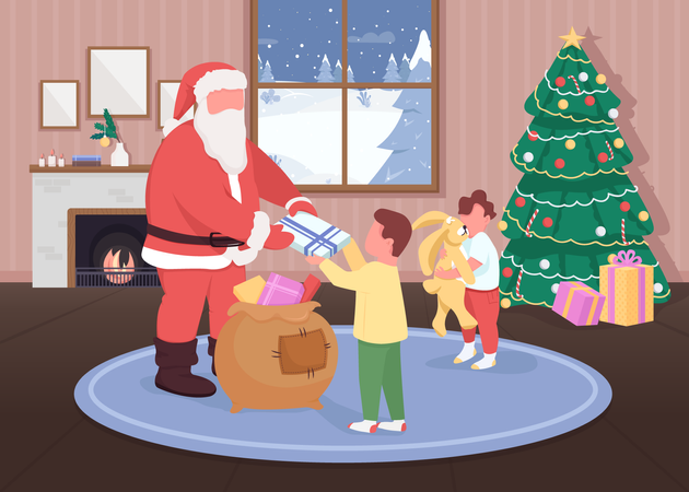 Santa dando regalos a los niños  Ilustración