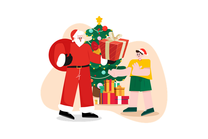 Santa dando regalos de navidad al niño  Ilustración