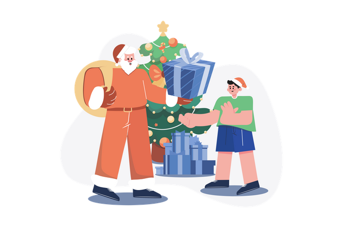 Santa dando regalos de navidad al niño  Ilustración