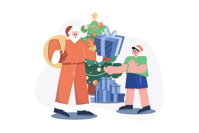 Santa dando regalos de navidad al niño  Ilustración