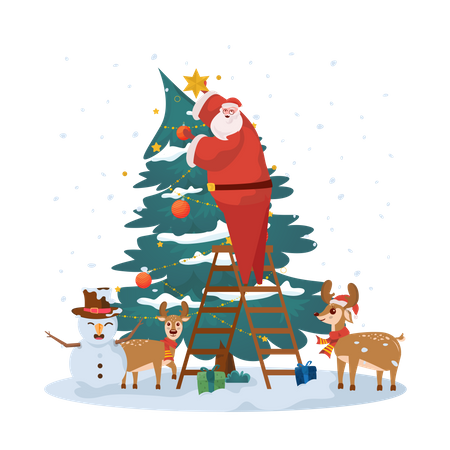 Santa decorating Christmas tree Illustration