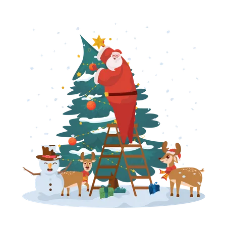 Santa Decorating Christmas Tree Illustration For Greeting Post Illustration