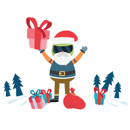 Santa distributes gifts from present bag Illustration