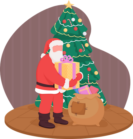 Santa distributes gifts from present bag  Illustration