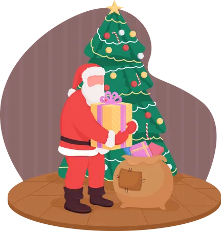 Santa distributes gifts from present bag  Illustration