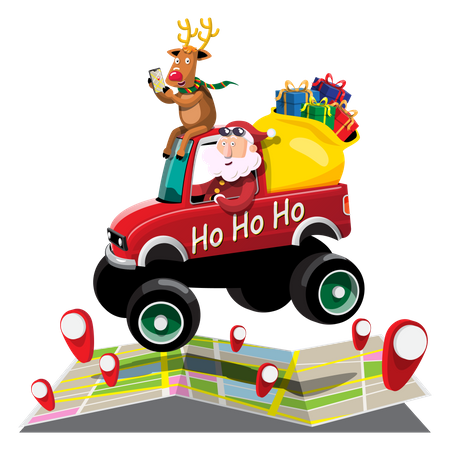 Santa driving car to deliver gifts Illustration