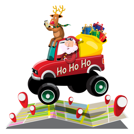 Santa driving car to deliver gifts  Illustration