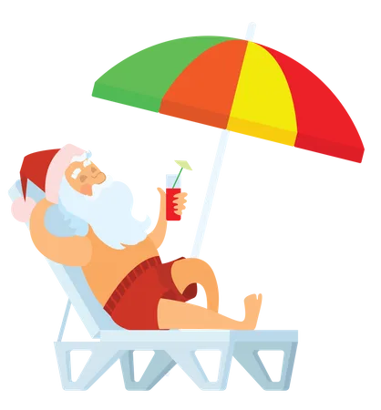 Santa durmiendo bajo la sombrilla y bebiendo bebidas frías  Ilustración