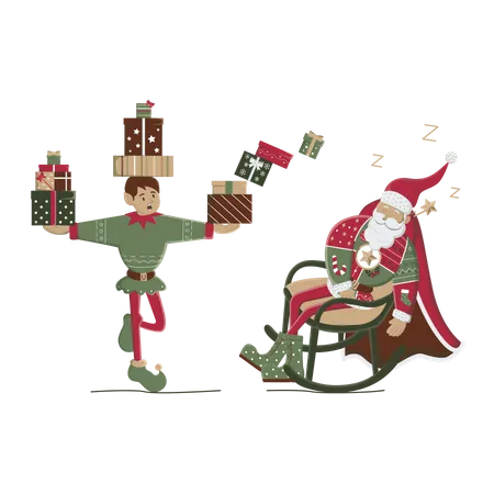 Papá Noel durmiendo después del trabajo  Ilustración