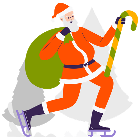 Santa enjoying candy cane and doing Ice Skating  Illustration