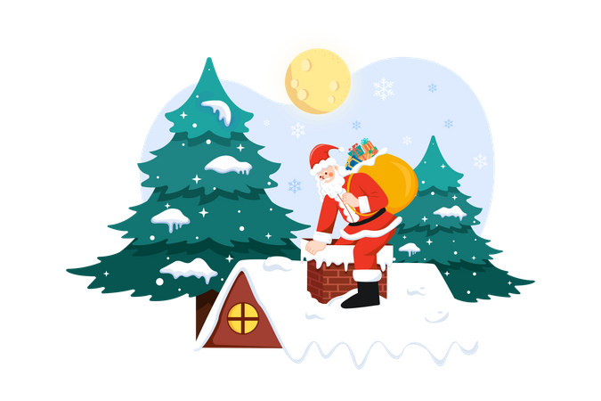 Santa entering in the chimney of the house  Illustration