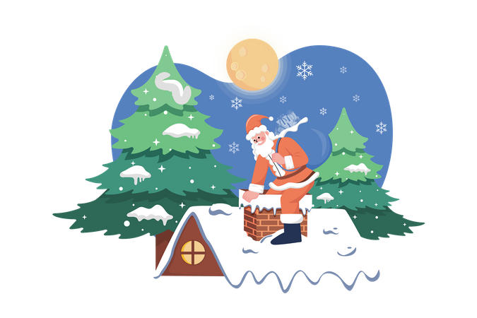 Santa Entering In The Chimney Of The House  Illustration