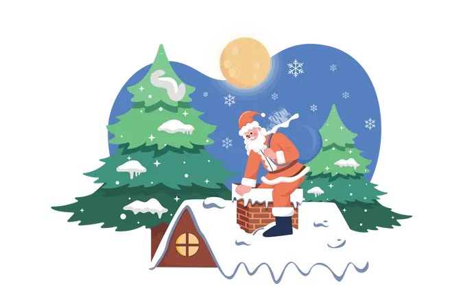 Santa Entering In The Chimney Of The House  Illustration