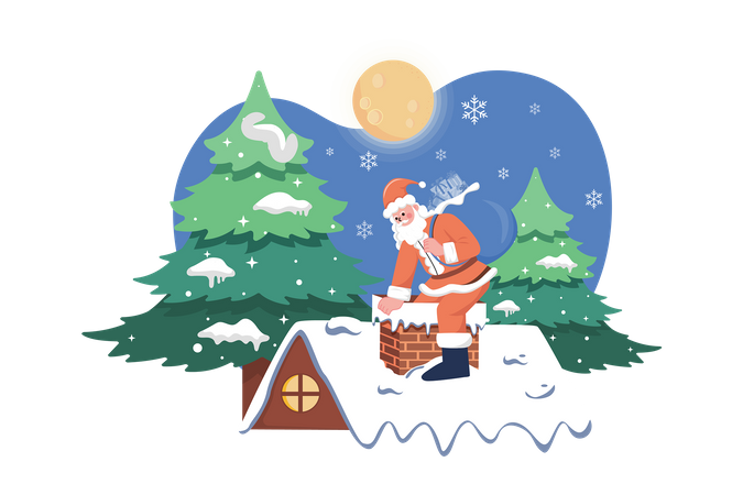 Santa Entering In The Chimney Of The House  イラスト