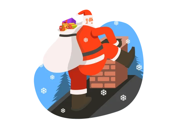 Santa entra a casa a través de la chimenea  Ilustración