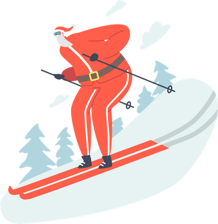 Santa esquiador montando cuesta abajo en la temporada de invierno  Ilustración