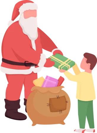 Santa Give Gift To Kid Semi Flat Color Vector Characters Interacting Figures Full Body People On White Christmas Isolated Modern Cartoon Style Illustration For Graphic Design And Animation Illustration