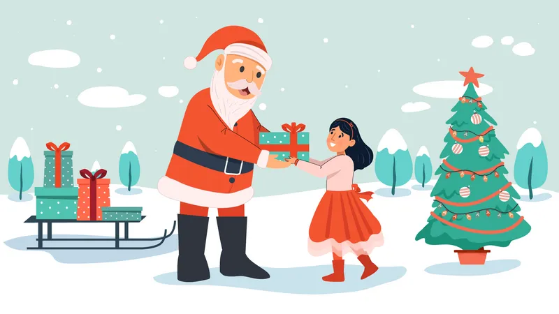 Santa giving Christmas gift to girl  Illustration