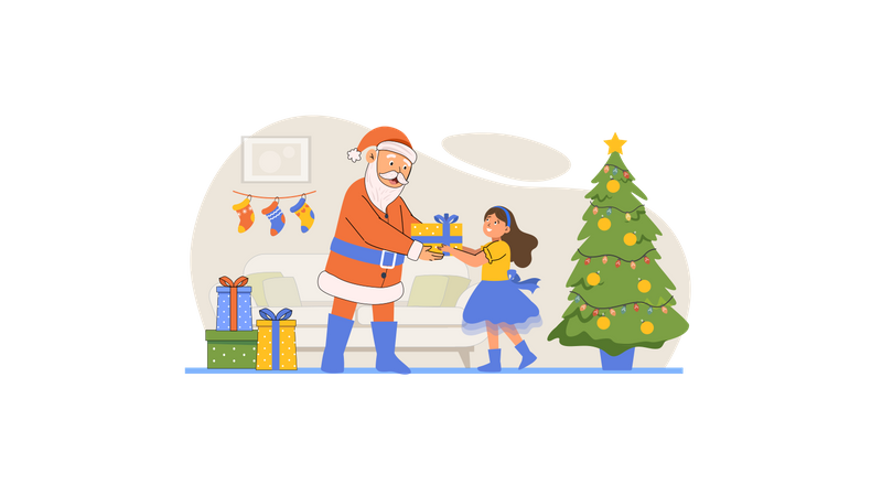 Santa giving Christmas gift to girl Illustration