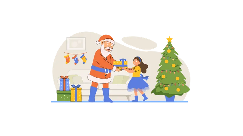 Santa giving Christmas gift to girl Illustration