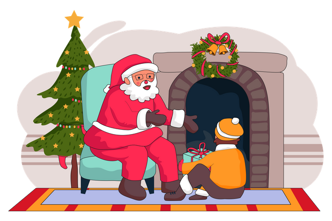 Santa giving Christmas gift to kid Illustration