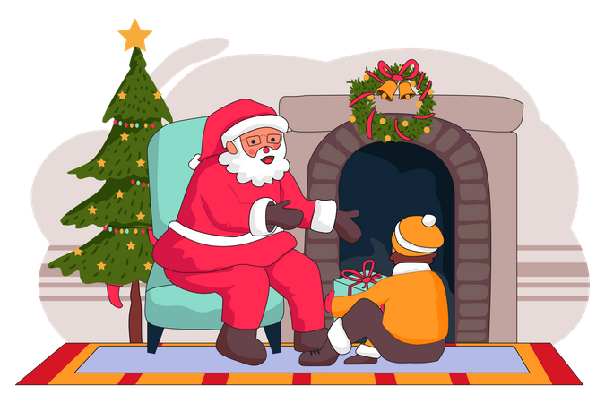 Santa giving Christmas gift to kid  Illustration