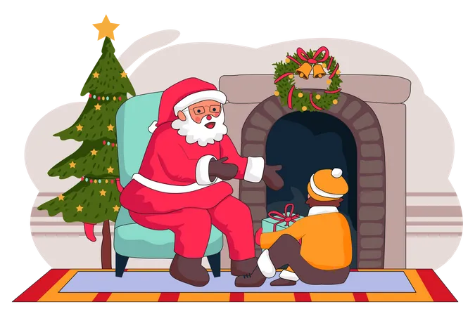 Santa giving Christmas gift to kid  Illustration