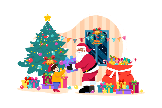 Santa giving Christmas gifts  Illustration