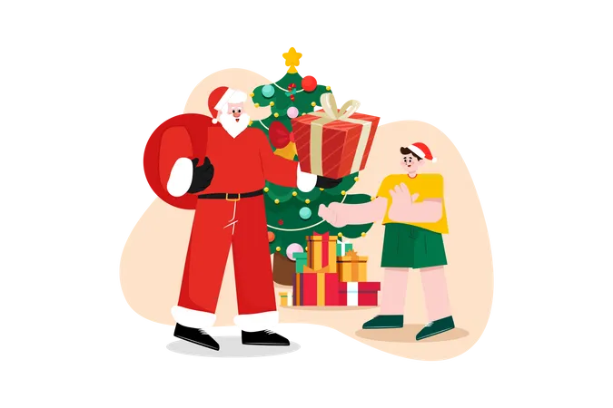 Santa Giving Christmas Gifts To Boy Illustration