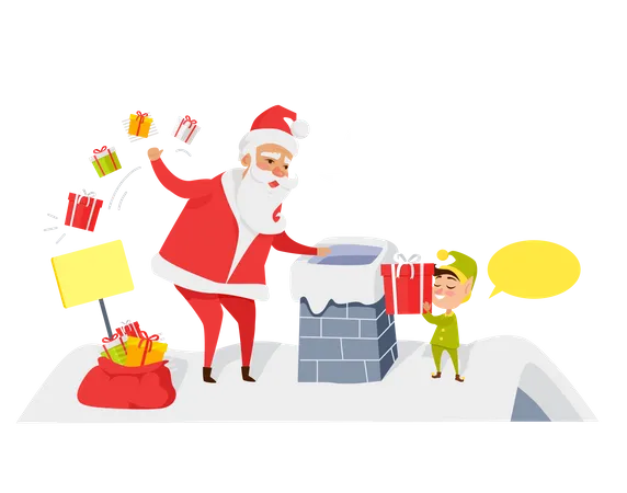 Santa Christmas And Fast Delivery Of Best Presents Santa Claus Throwing Presents In Chimney Cartoon Santa And Dwarf Standing On Roof Of House Gnome Gives Gift Box Holiday Vector Isolated On White Illustration