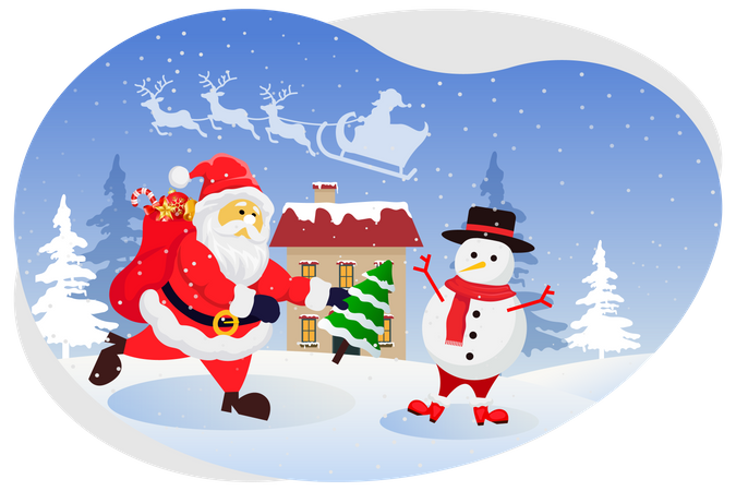 Santa giving gift to snowman Illustration