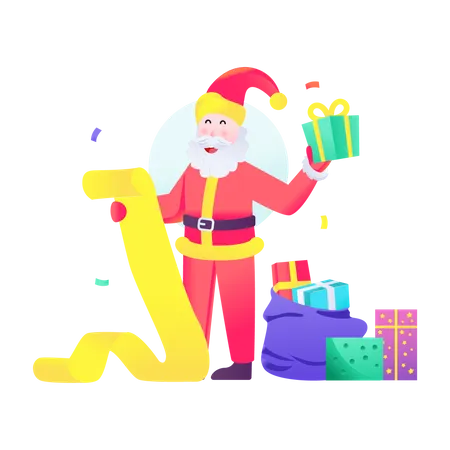 Santa giving gifts according to list  Illustration